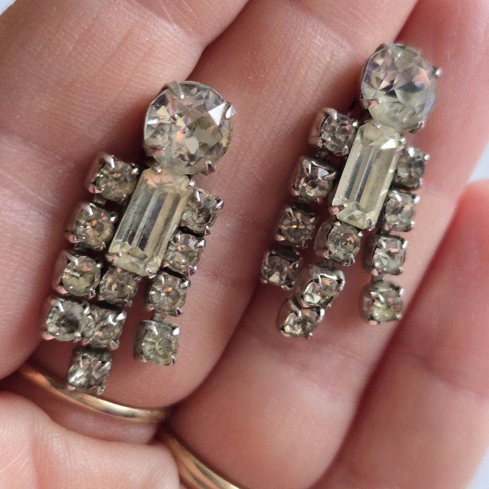Vintage earrings Sparkly rhinestones old Hollywood glam prom black tie formal - Picture 8 of 11